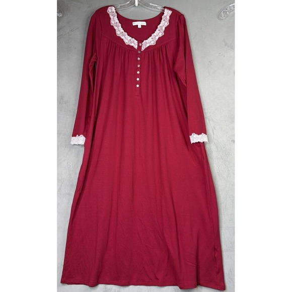 Eileen West Other - Eileen West Nightgown Womens M Red Lace Trim Long Sleeve Sleep Dress